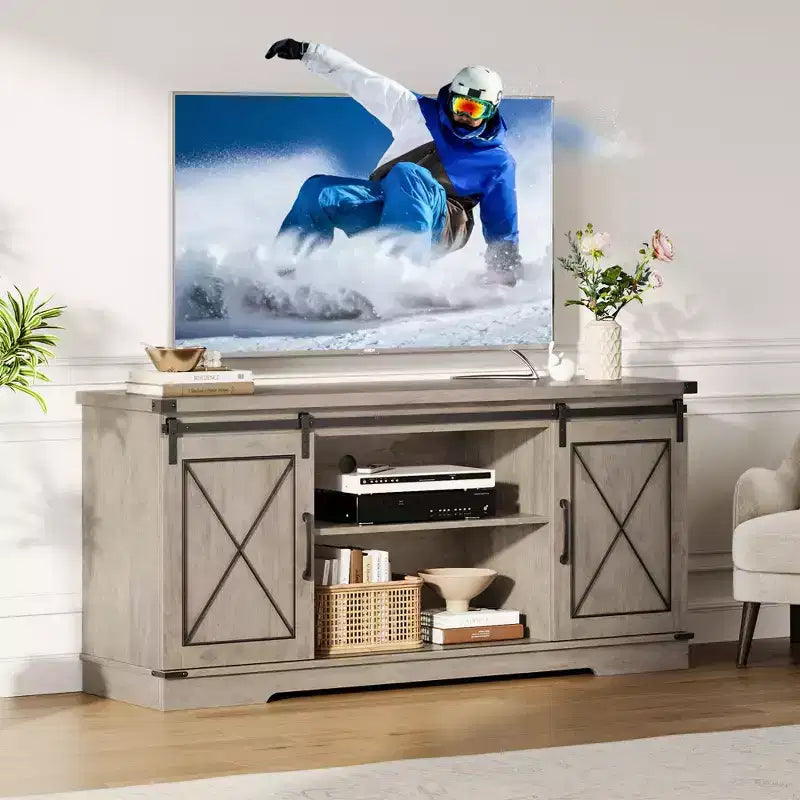 Farmhouse Style 65-Inch TV Stand with Sliding Barn Doors, Entertainment Center & Media Console for Living Room or Bedroom
