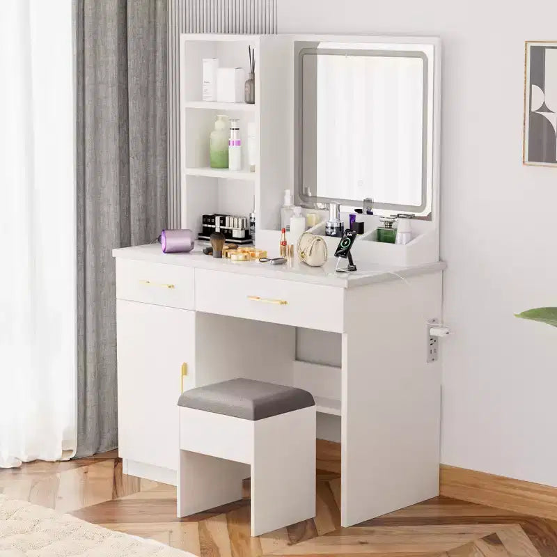 32" Makeup Vanity with Large Storage, Cushioned Stool & Mirror - White, Compact