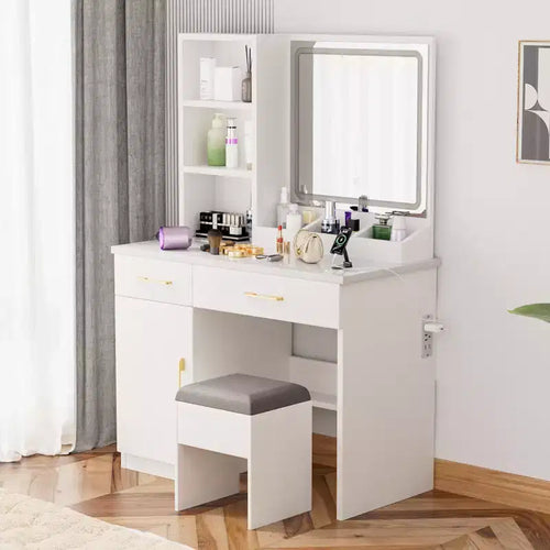32" Makeup Vanity with Large Storage, Cushioned Stool & Mirror - White, Compact