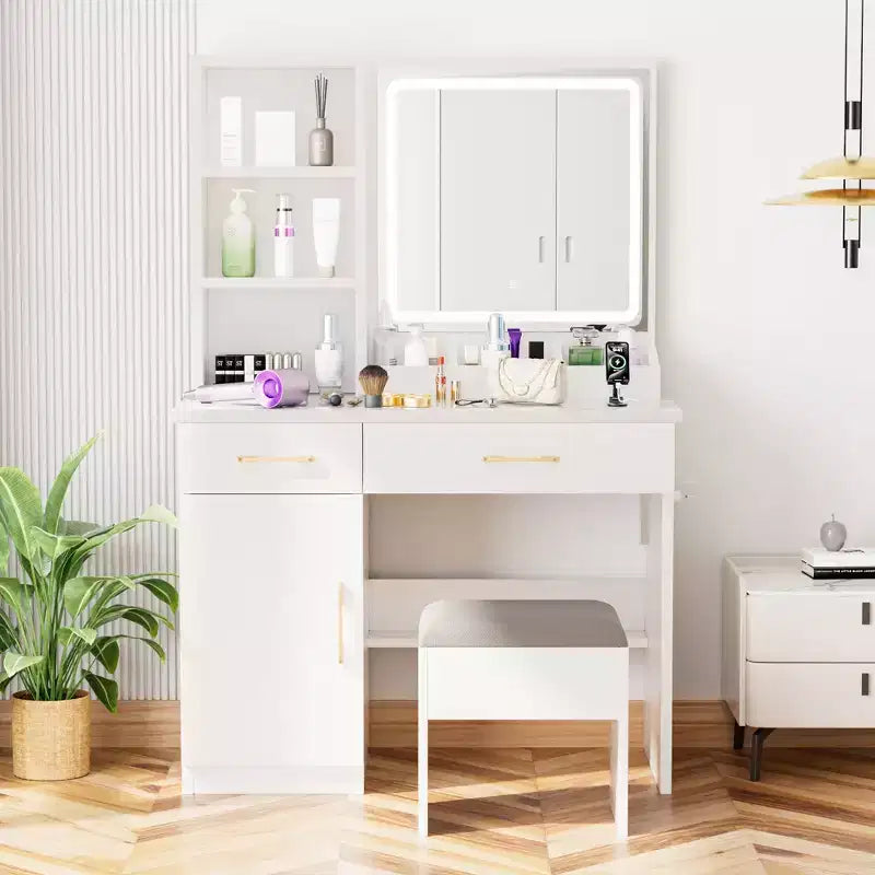 32" Makeup Vanity with Large Storage, Cushioned Stool & Mirror - White, Compact