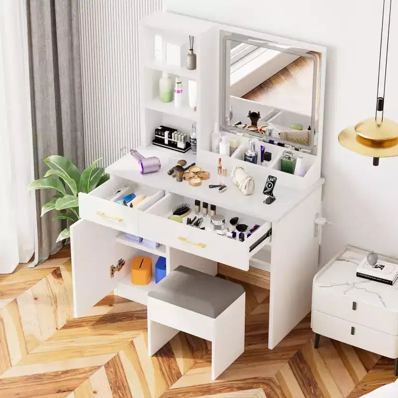 32" Makeup Vanity with Large Storage, Cushioned Stool & Mirror - White, Compact