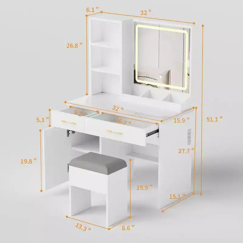 32" Makeup Vanity with Large Storage, Cushioned Stool & Mirror - White, Compact