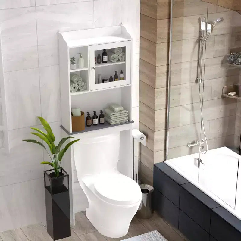 68 Inch Over Toilet Storage Cabinet with Open Shelves, Wood Bathroom Storage Cabinet