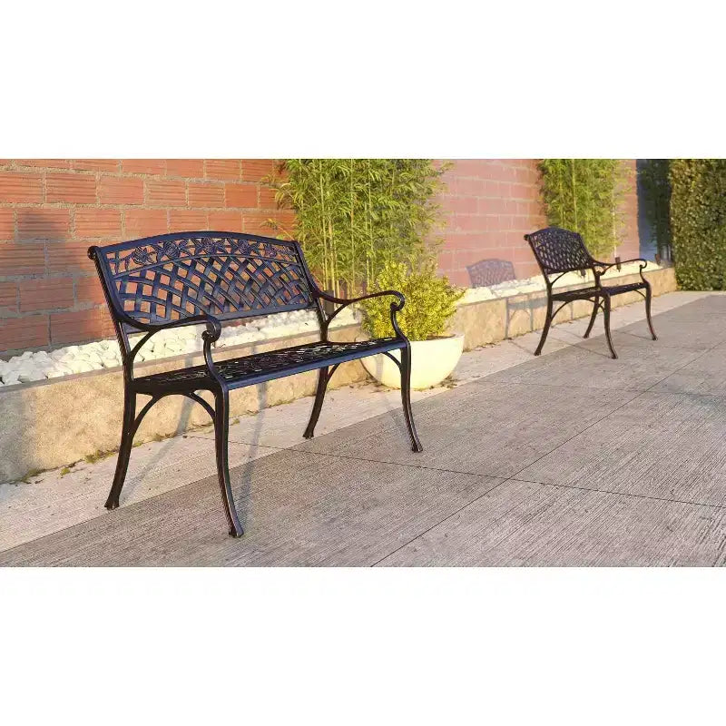 63285 Banc de patio en fonte d'aluminium rouge écarlate, robuste, anticorrosion, léger, facile à assembler, pour véranda – Finition bronze antique
