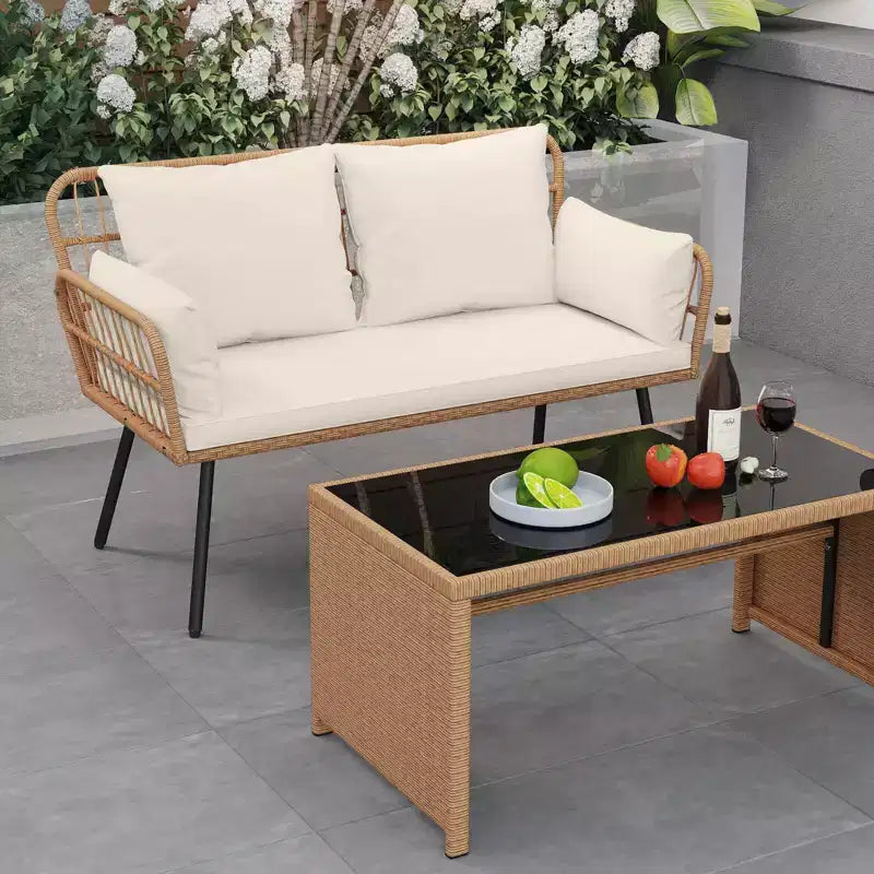 Causeuse de patio en osier Costway avec coussins de siège et de dossier, pieds en métal robustes blanc cassé/noir