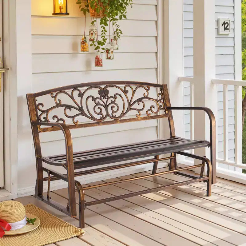 Banc d'extérieur VEVOR, 127 cm, cadre en acier au carbone avec dossier en fonte et accoudoirs à bords arrondis, banc de jardin extérieur résistant aux intempéries, marron