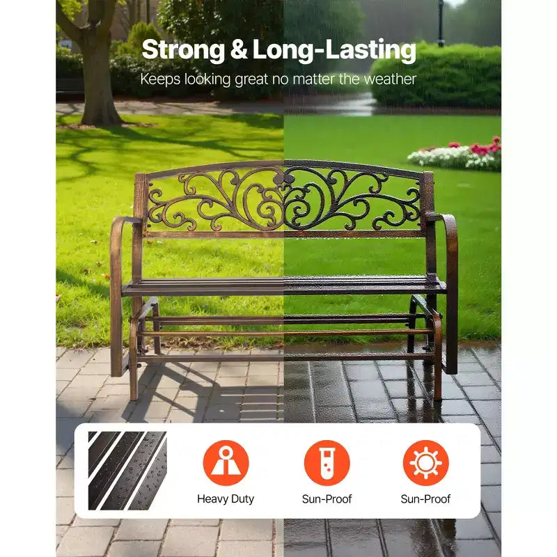 Banc d'extérieur VEVOR, 127 cm, cadre en acier au carbone avec dossier en fonte et accoudoirs à bords arrondis, banc de jardin extérieur résistant aux intempéries, marron