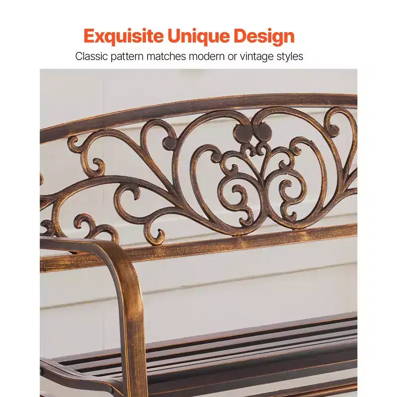 Banc d'extérieur VEVOR, 127 cm, cadre en acier au carbone avec dossier en fonte et accoudoirs à bords arrondis, banc de jardin extérieur résistant aux intempéries, marron
