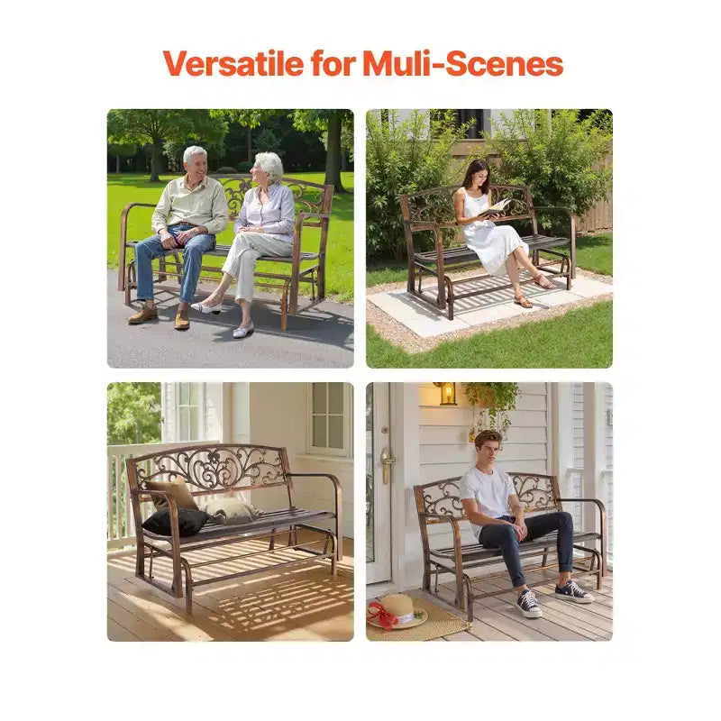 Banc d'extérieur VEVOR, 127 cm, cadre en acier au carbone avec dossier en fonte et accoudoirs à bords arrondis, banc de jardin extérieur résistant aux intempéries, marron