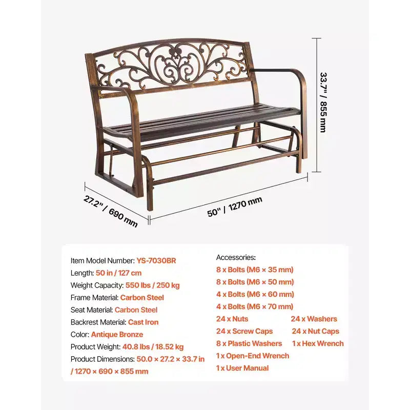 Banc d'extérieur VEVOR, 127 cm, cadre en acier au carbone avec dossier en fonte et accoudoirs à bords arrondis, banc de jardin extérieur résistant aux intempéries, marron