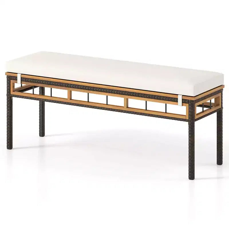 Costway 48 Wicker Patio Bench with Acacia Wood Seat Removable Padded Cushion for Garden