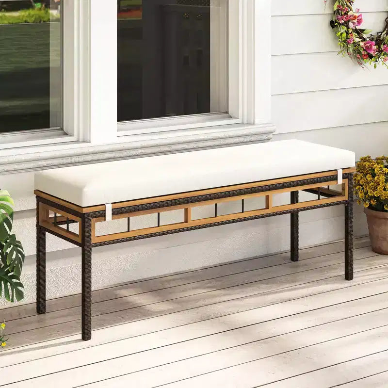 Banc de jardin Costway 48 en osier avec assise en bois d'acacia et coussin rembourré amovible
