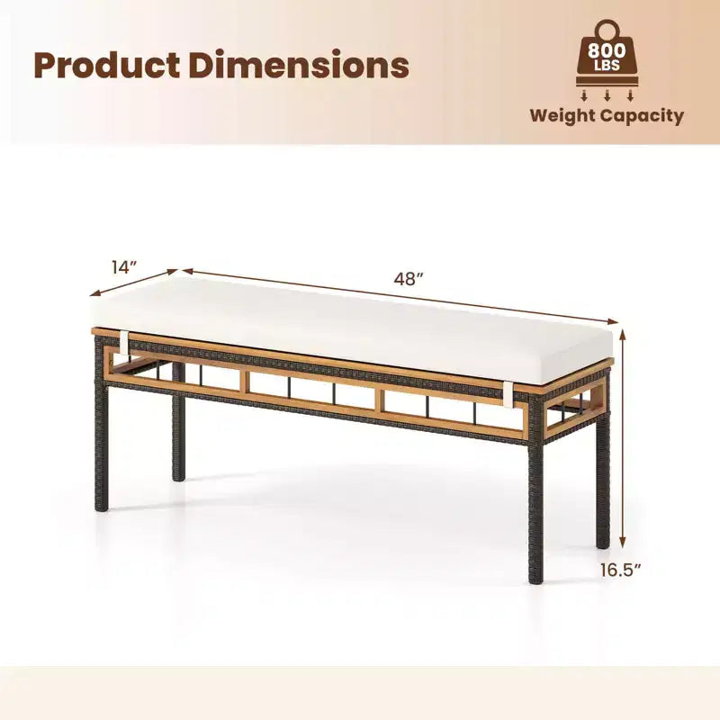 Banc de jardin Costway 48 en osier avec assise en bois d'acacia et coussin rembourré amovible