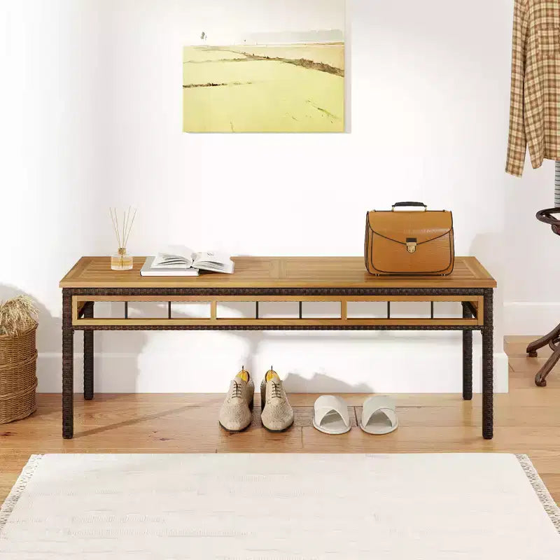 Banc de jardin Costway 48 en osier avec assise en bois d'acacia et coussin rembourré amovible
