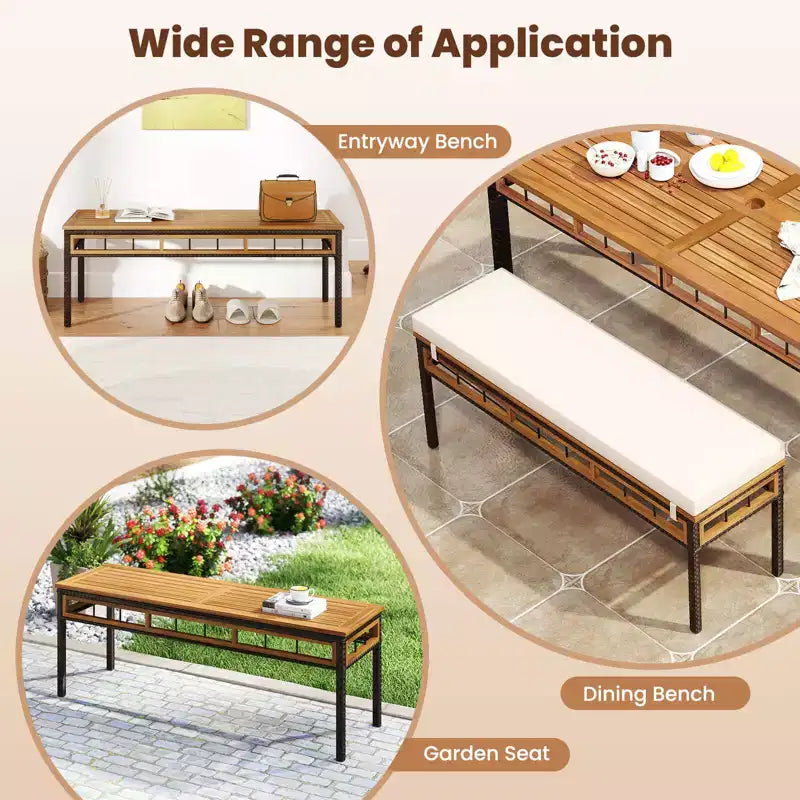Banc de jardin Costway 48 en osier avec assise en bois d'acacia et coussin rembourré amovible