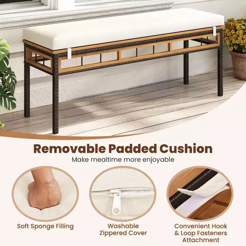 Banc de jardin Costway 48 en osier avec assise en bois d'acacia et coussin rembourré amovible