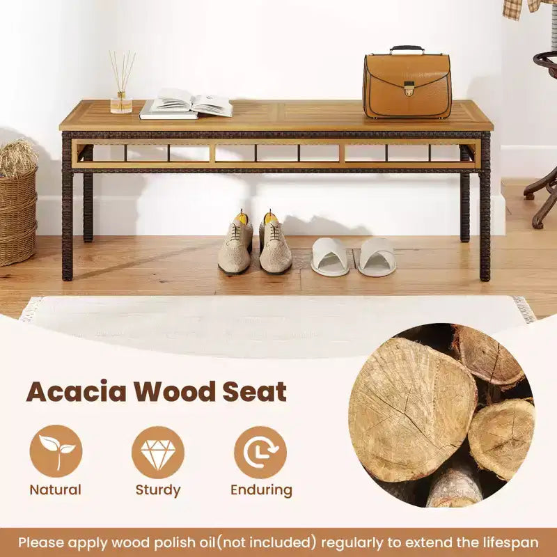 Banc de jardin Costway 48 en osier avec assise en bois d'acacia et coussin rembourré amovible
