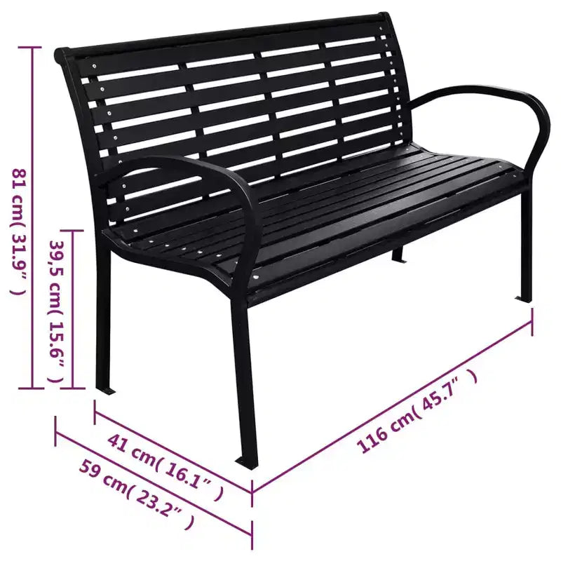 Banc de jardin noir WPC (composite bois-plastique), acier 116 cm de large