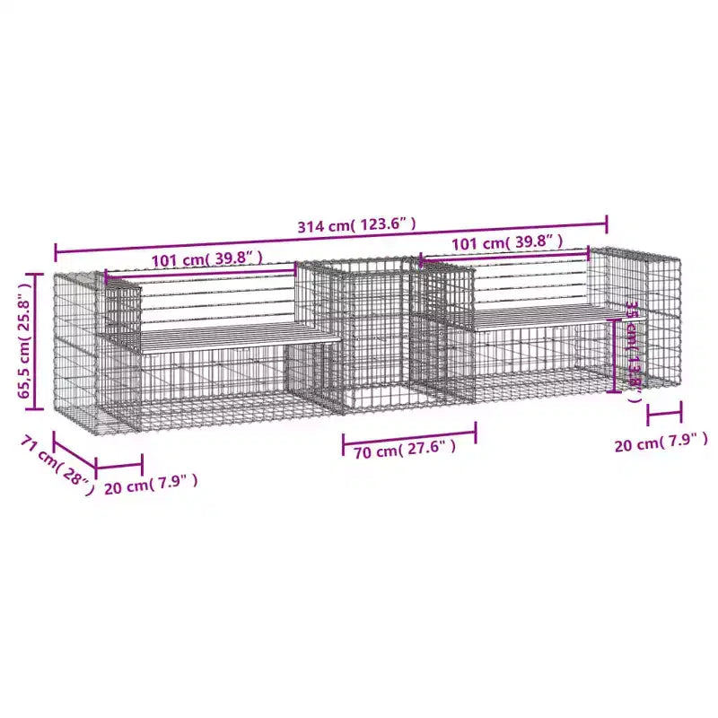 Banc de jardin avec panier gabion Bois naturel et argent