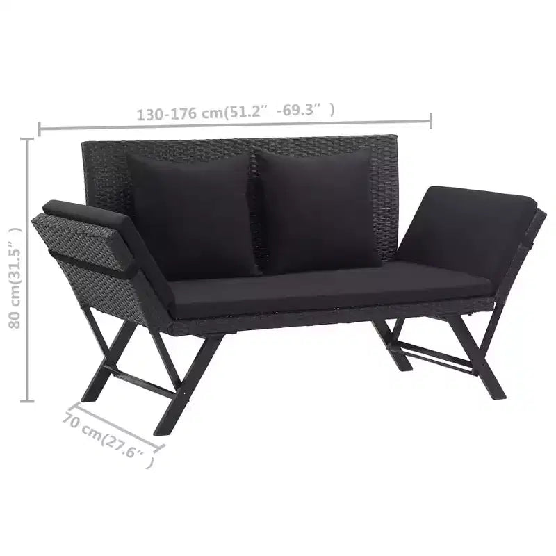 Lit de soleil extérieur noir en polyrotin, convertible standard
