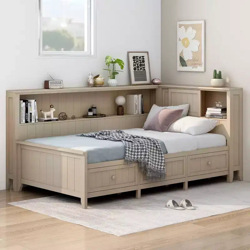 Wood Daybed with Storage Shelves & 3 Under-Bed Drawers - Pine & MDF, No Box Spring