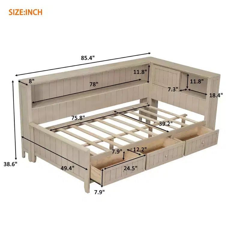 Wood Daybed with Storage Shelves & 3 Under-Bed Drawers - Pine & MDF, No Box Spring