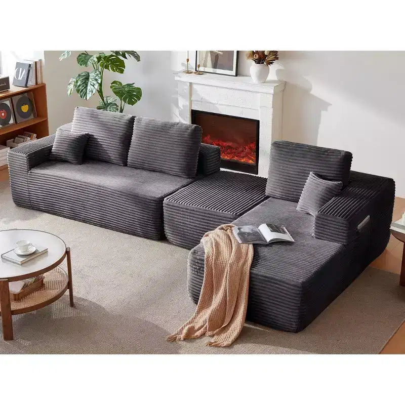 104Cloud Sectional Sofa,U-Shaped Chaise,Deep Seat,Side Pockets,Plush Fabric,No Assembly,Grey,Right Facing