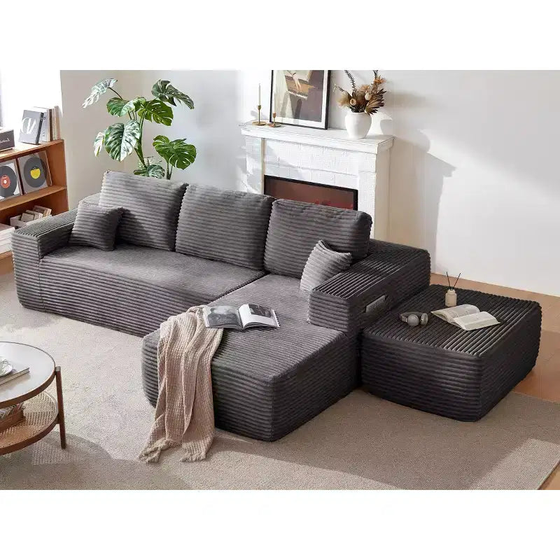 104Cloud Sectional Sofa,U-Shaped Chaise,Deep Seat,Side Pockets,Plush Fabric,No Assembly,Grey,Right Facing