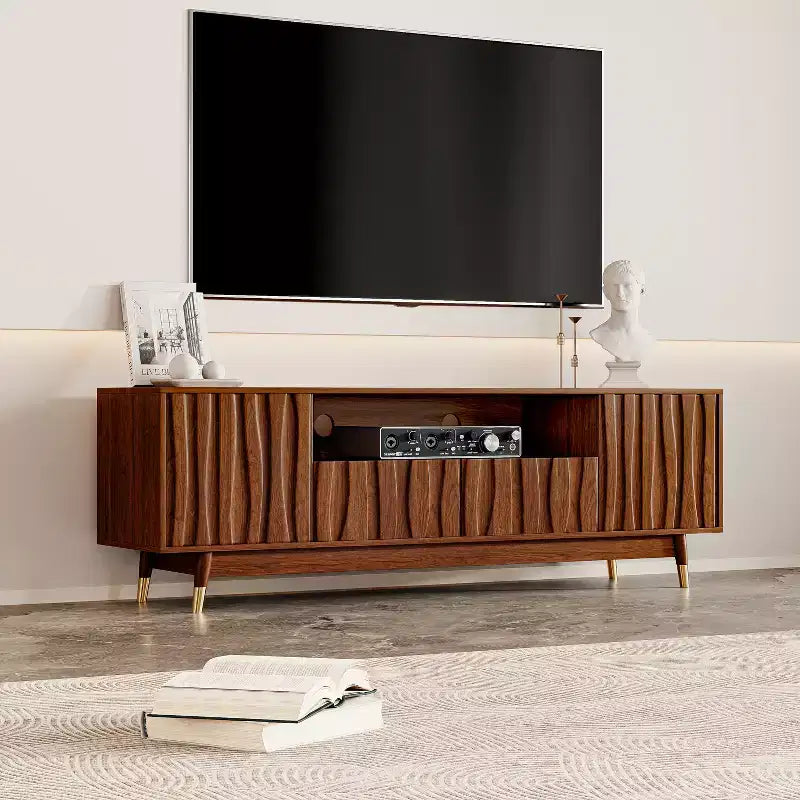 Mid-Century Modern TV Stand with Drawer & Cabinet, Walnut Finish, 66.8", Fits up to 75" TV