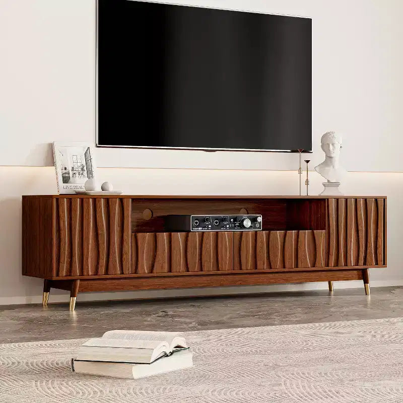 Mid-Century Modern TV Stand with Drawer & Cabinet, Walnut Finish, 66.8", Fits up to 75" TV