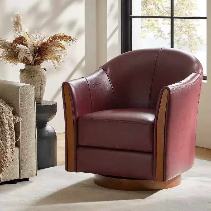 Transitional Genuine Leather Swivel Barrel Chair with Solid Wood Base