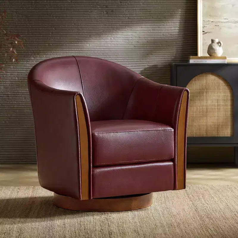 Transitional Genuine Leather Swivel Barrel Chair with Solid Wood Base