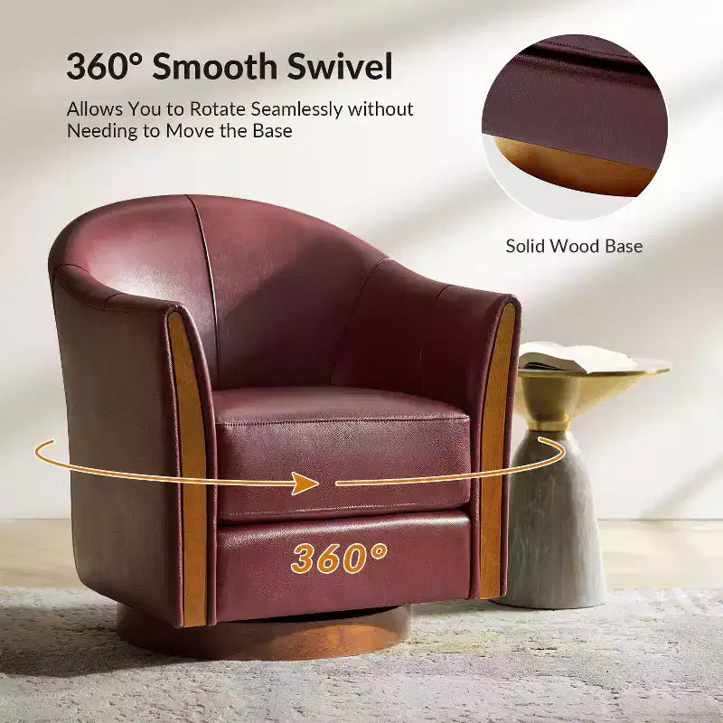 Transitional Genuine Leather Swivel Barrel Chair with Solid Wood Base