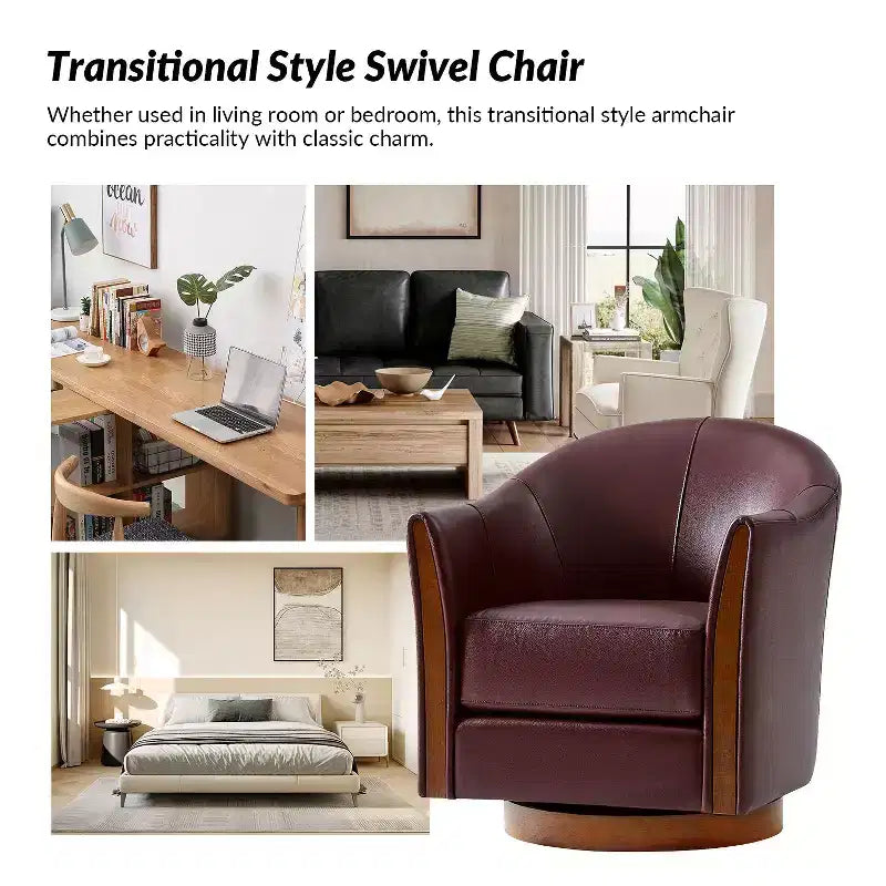 Transitional Genuine Leather Swivel Barrel Chair with Solid Wood Base