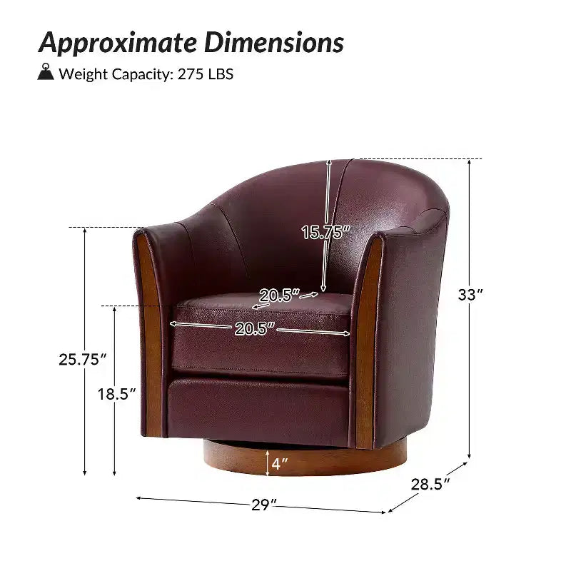 Transitional Genuine Leather Swivel Barrel Chair with Solid Wood Base