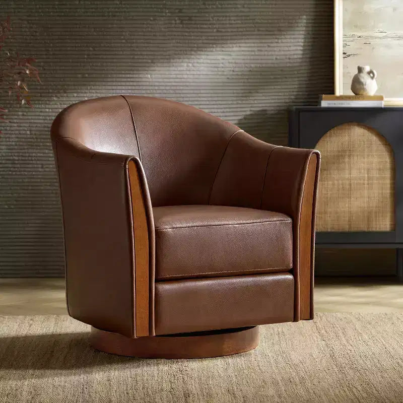 Transitional Genuine Leather Swivel Barrel Chair with Solid Wood Base