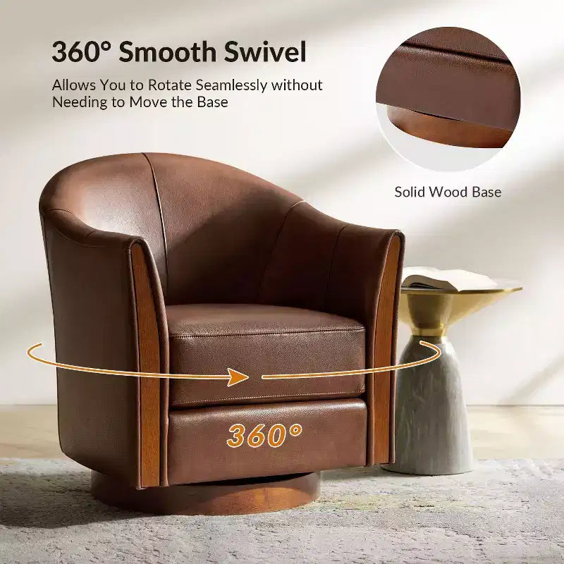 Transitional Genuine Leather Swivel Barrel Chair with Solid Wood Base