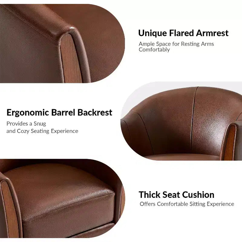 Transitional Genuine Leather Swivel Barrel Chair with Solid Wood Base