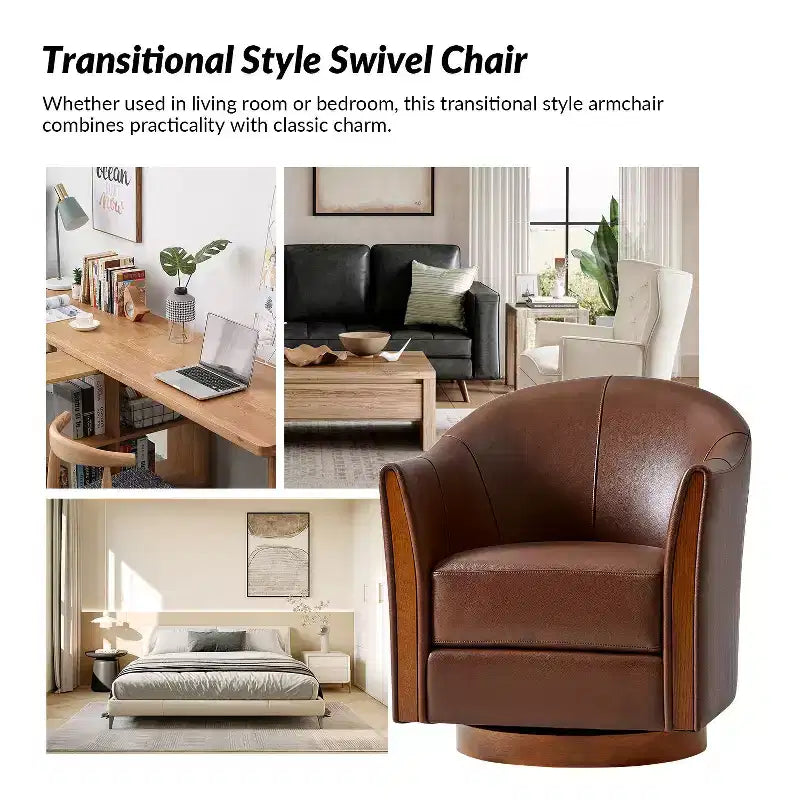 Transitional Genuine Leather Swivel Barrel Chair with Solid Wood Base