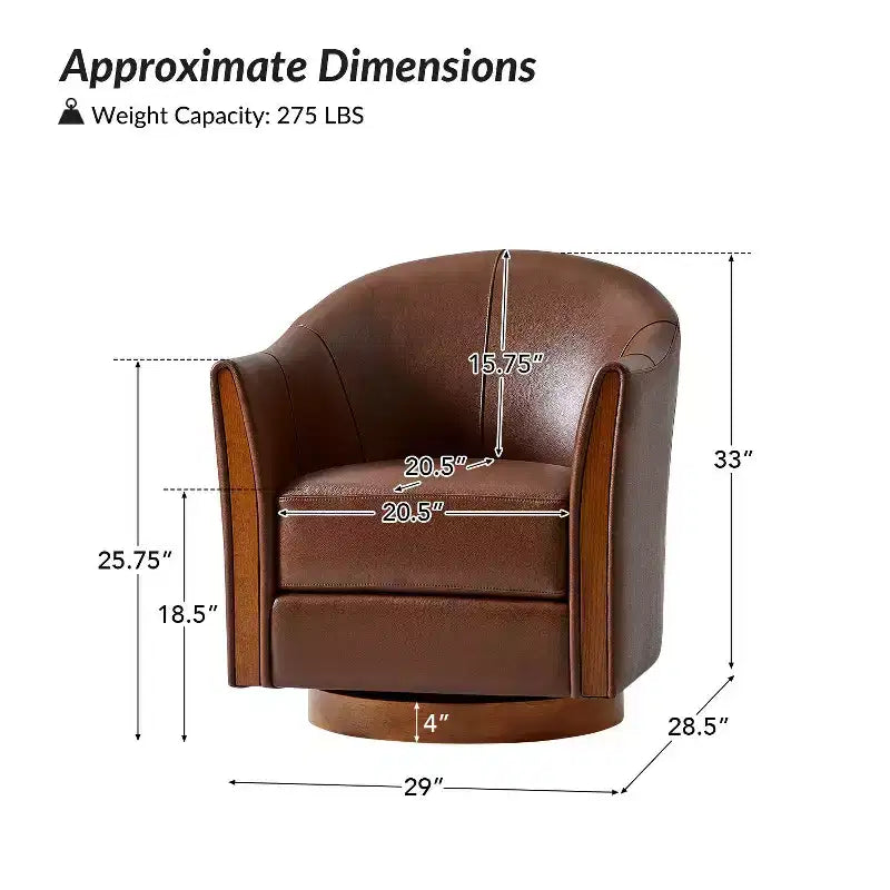 Transitional Genuine Leather Swivel Barrel Chair with Solid Wood Base