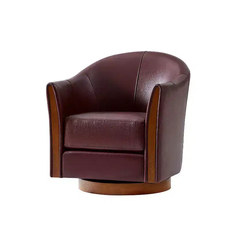 Transitional Genuine Leather Swivel Barrel Chair with Solid Wood Base