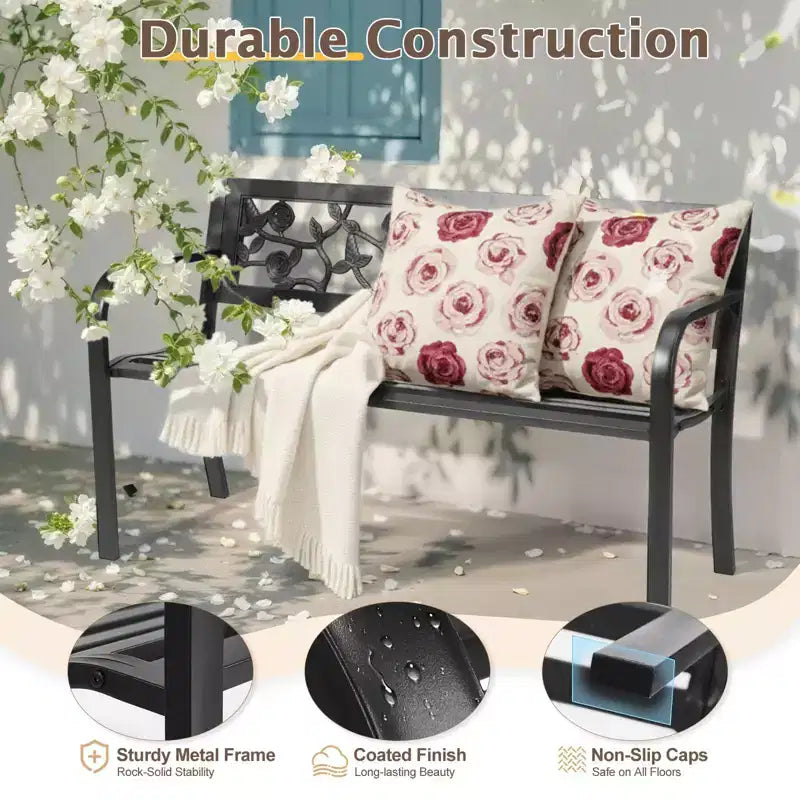 Karl Home | Banc en métal noir de 50 pouces avec dossier en PVC rose