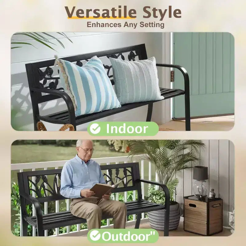Karl Home | Banc en métal noir de 50 pouces avec dossier en PVC rose