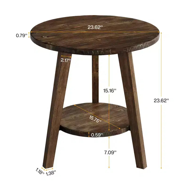 Solid Wood Round End Table with Storage Shelf - Farmhouse, Dark Brown