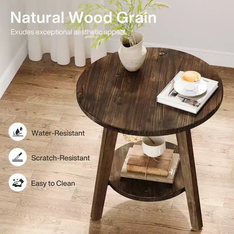 Solid Wood Round End Table with Storage Shelf - Farmhouse, Dark Brown