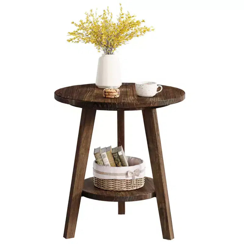 Solid Wood Round End Table with Storage Shelf - Farmhouse, Dark Brown