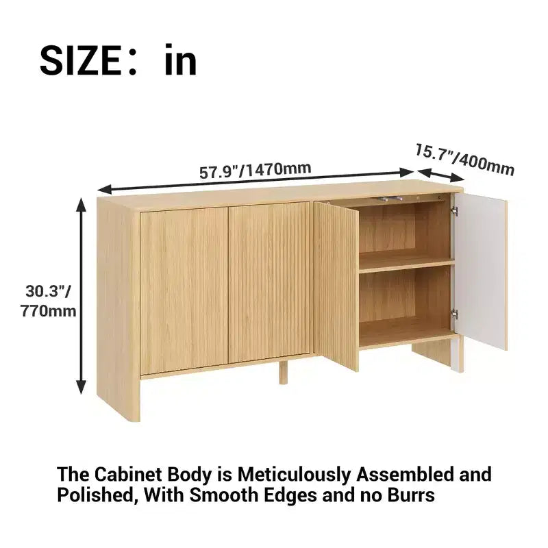 58" Modern Fluted Sideboard Buffet Cabinet with 4 Doors & Adjustable Shelves