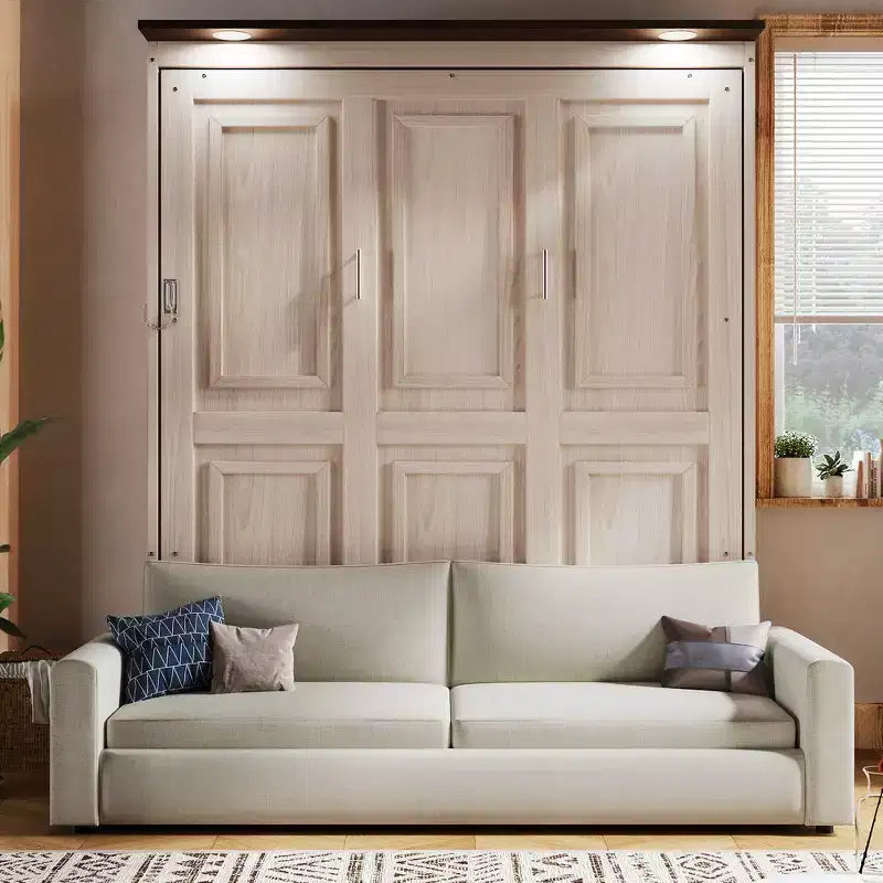 Queen Murphy Bed with Sofa and LED Lights - Pine & MDF, 600 lb Capacity