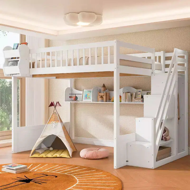 Queen Loft Bed Frame with Staircase, Wardrobe & Storage Shelves - MDF, 650 lb