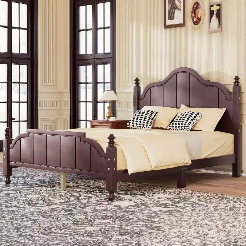 Vintage Queen Platform Bed Frame - Solid Pine, MDF Headboard, No Box Spring Needed